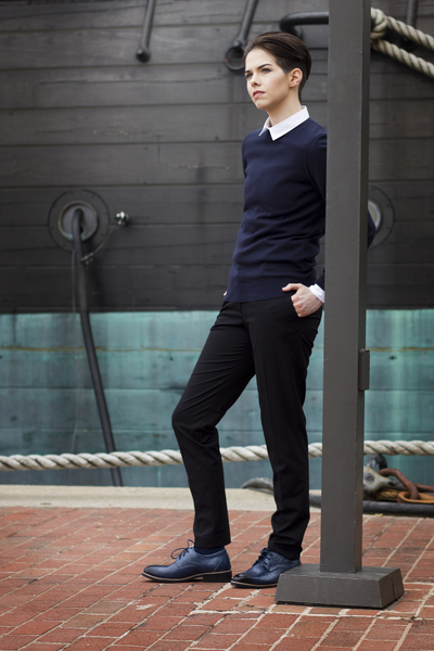 Alex Perry modeling the Tomboy Toes line of Downtown Dapper semi-formal shoes for women